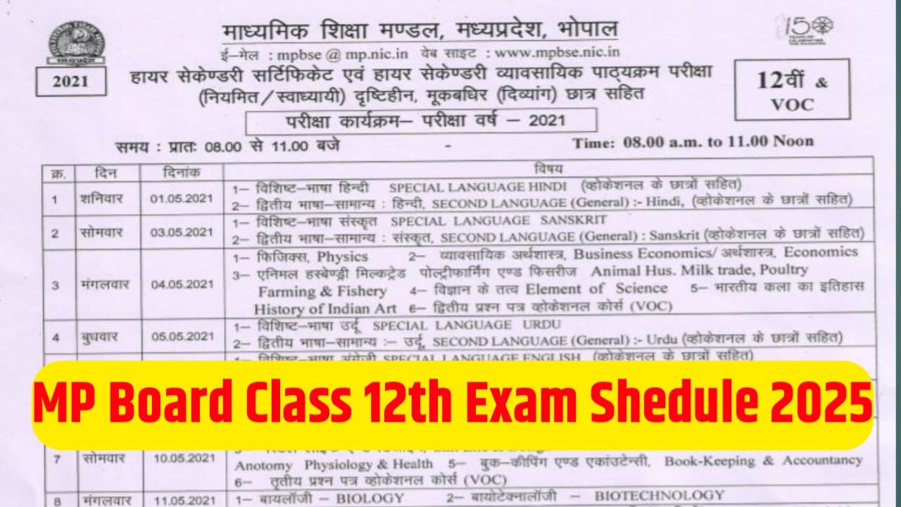 MP Board 12th Exam Shedule 2025